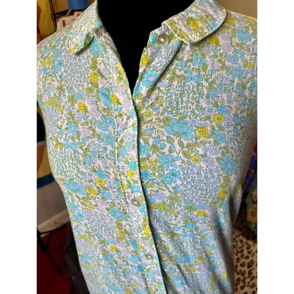 Vintage 60’s Blue White and Green Sleeveless Ditsy Floral Day Dress Sheath Small - Picture 6 of 6